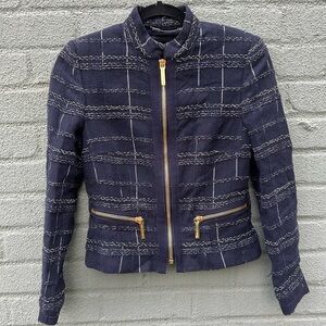 Les Copains Knit Cropped Zippered Jacket Blue White Size 2 -4 Made in Italy